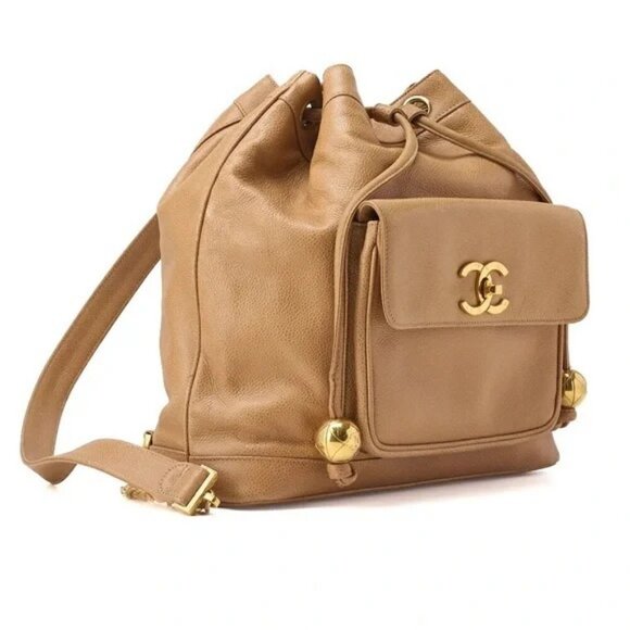 Authentic CHANEL vintage beige brown caviar bucket with pouch - Picture 3 of 13